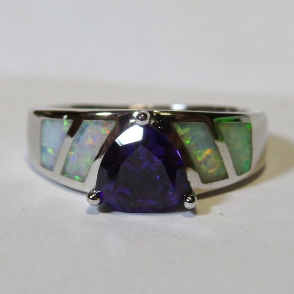 Silver Ring Size 10 White Lab Fire Opal Inlay 6mm * 6mm Amethyst New Old Stock - Picture 5 of 10